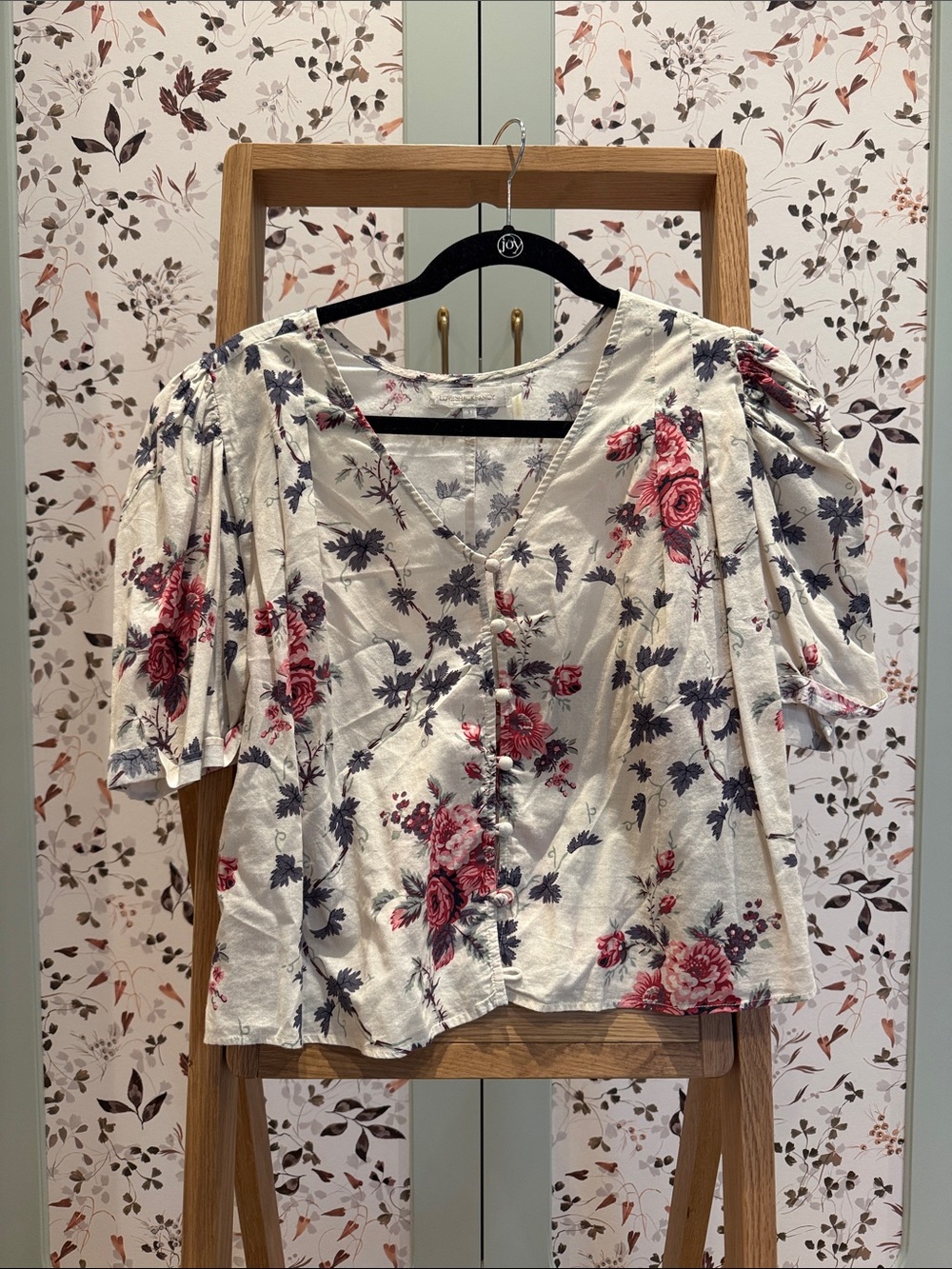 LoveShackFancy Cream Blouse with Pink & Navy Floral Print